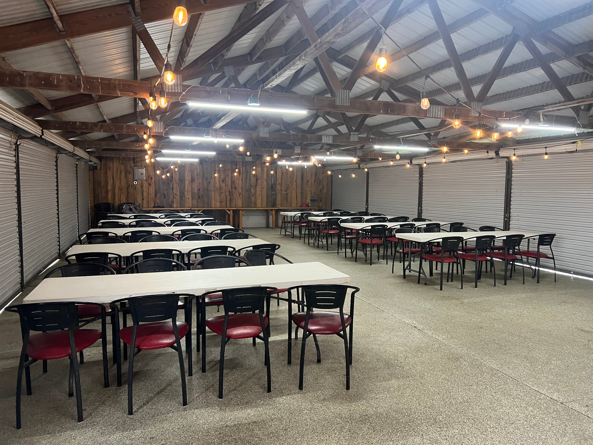 The Party Shed seating with string lights